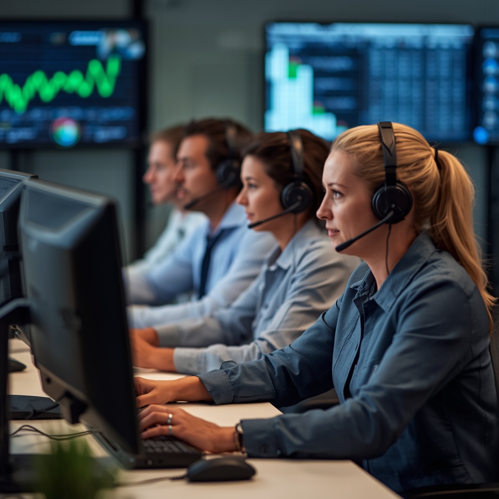 Customer support team working in modern call center with headsets, multiple monitors displaying analytics, collaborative environment